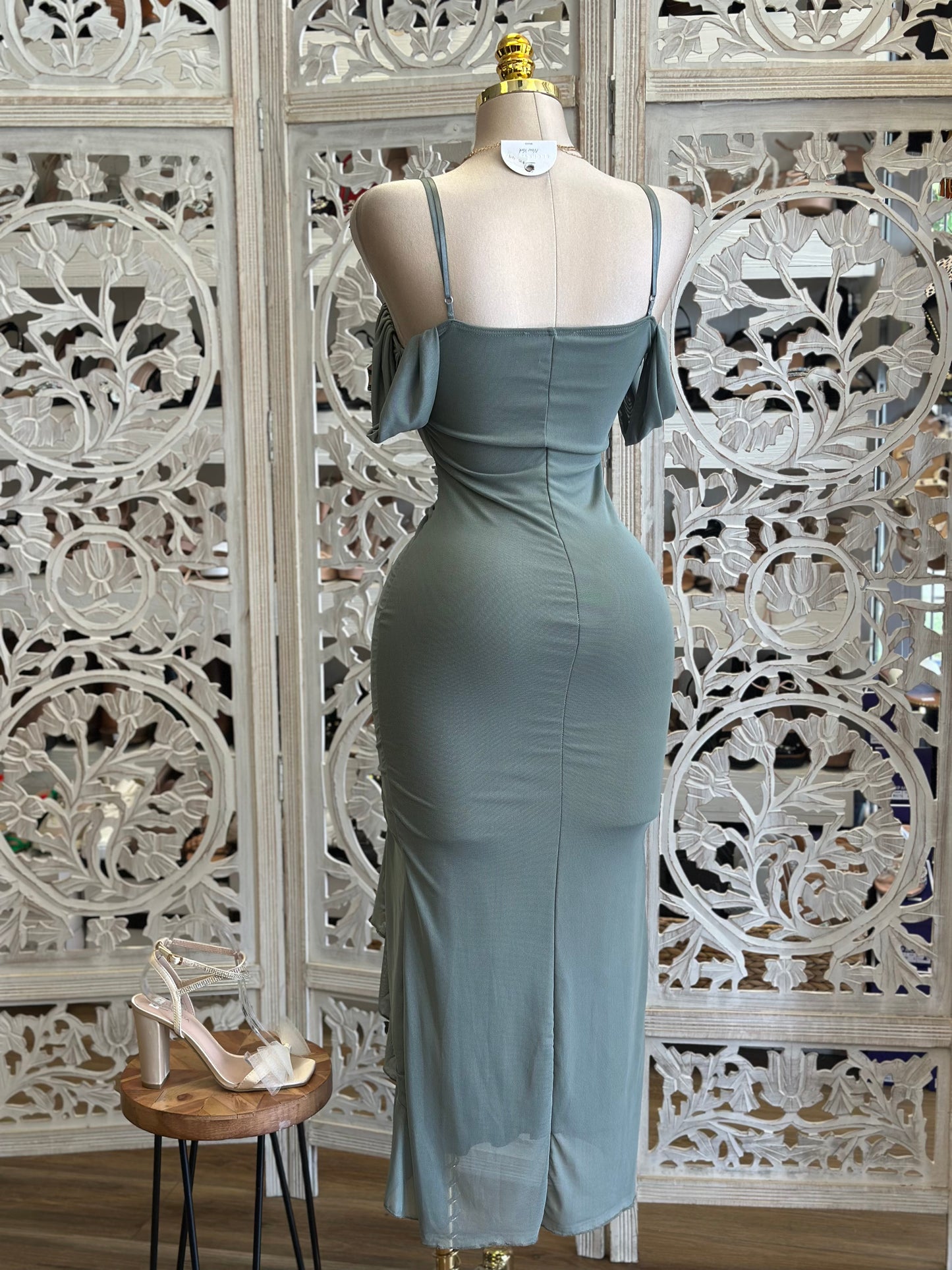 Seafoam Draped Shoulder Dress-Estira, Stretchy
