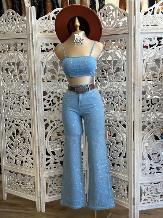 Rhinestone Jean and Crop Set- Slightly Stretchy, Estira Poco