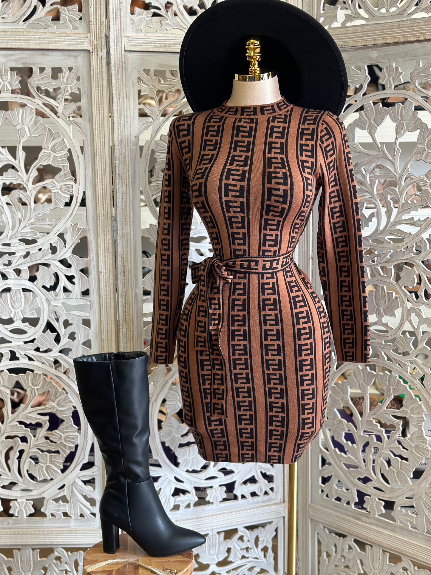 Rust Geometric Sweater Dress- Stretchy,Estira