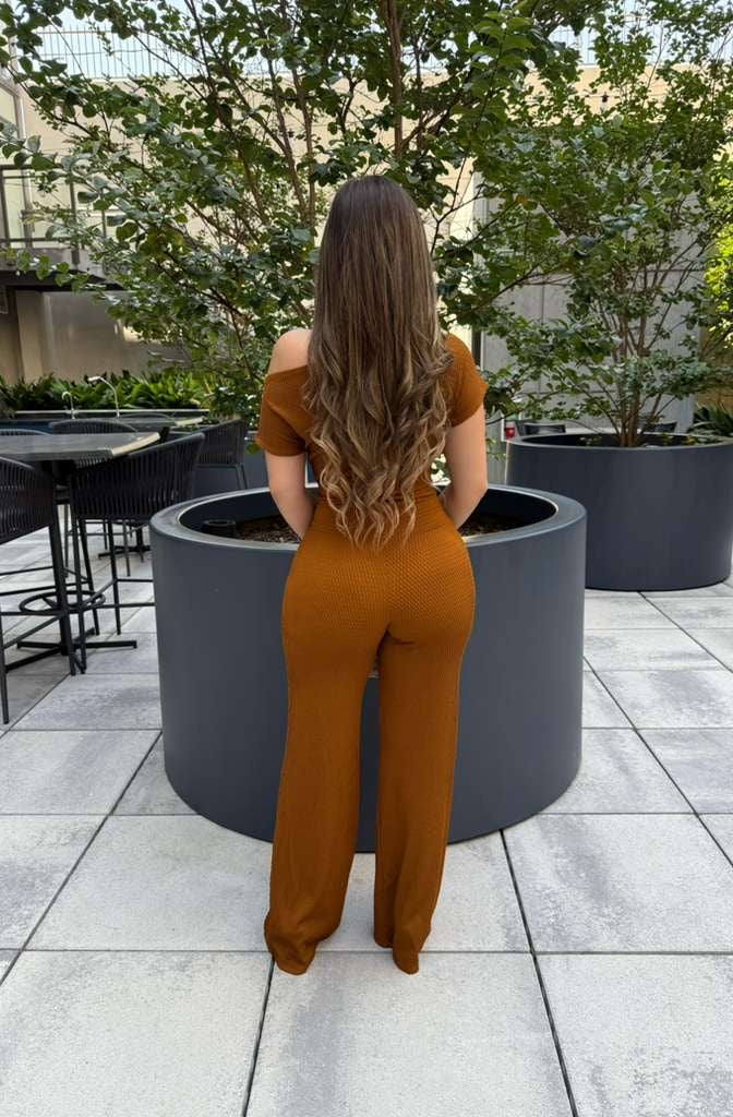 Mahogany Ribbed Asymmetrical Jumpsuit - Stretchy,Estira