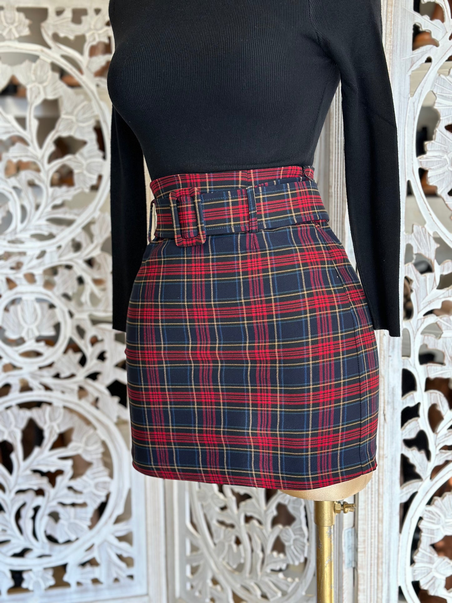 Red plaid Mini Skirt with Thick Belt