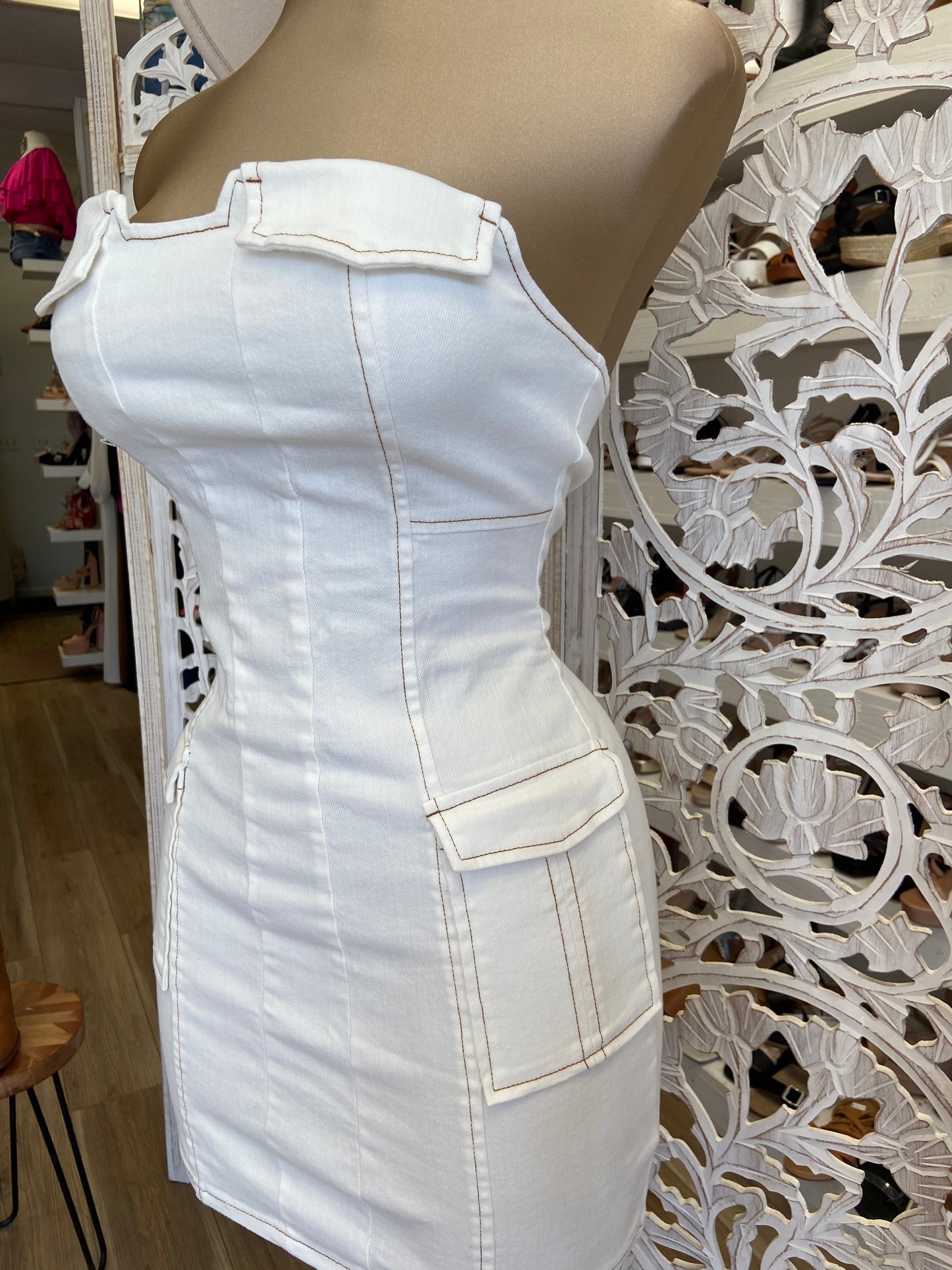 White Denim Strapless Dress