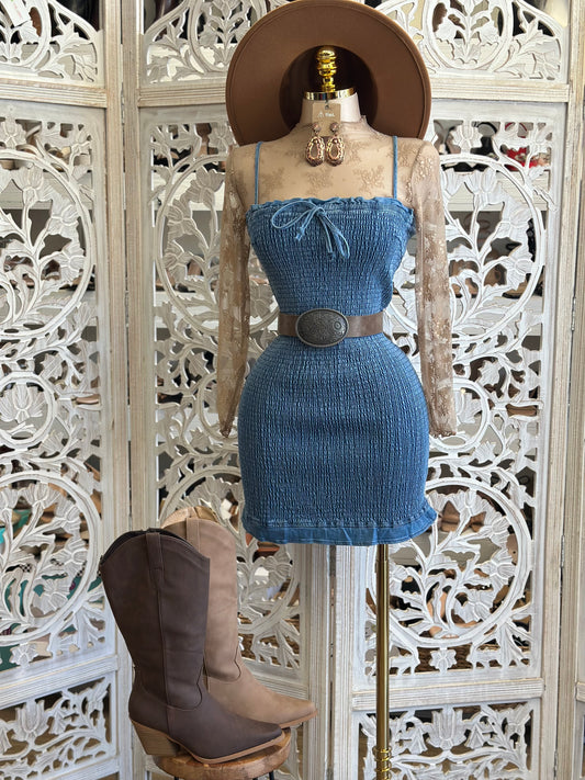 Scrunched Denim Mini Dress - Estira , Stretchy