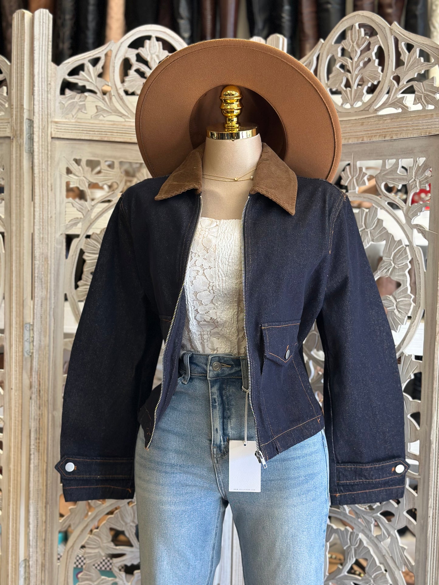 Corduroy Neck Denim Cropped Jacket
