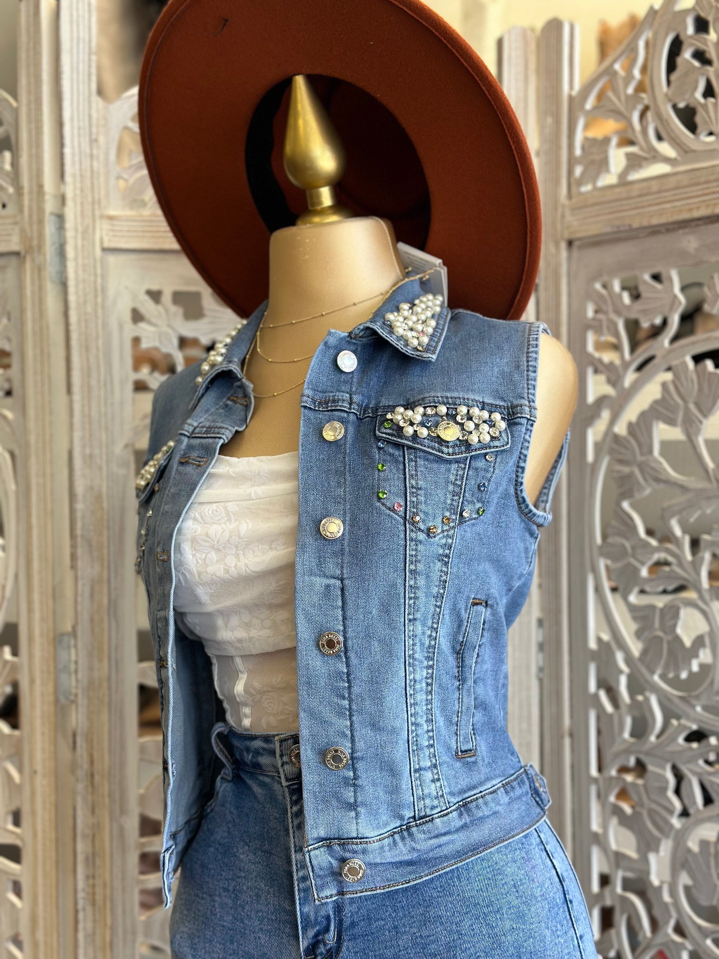 Pearl Detail Denim Vest - Stretchy