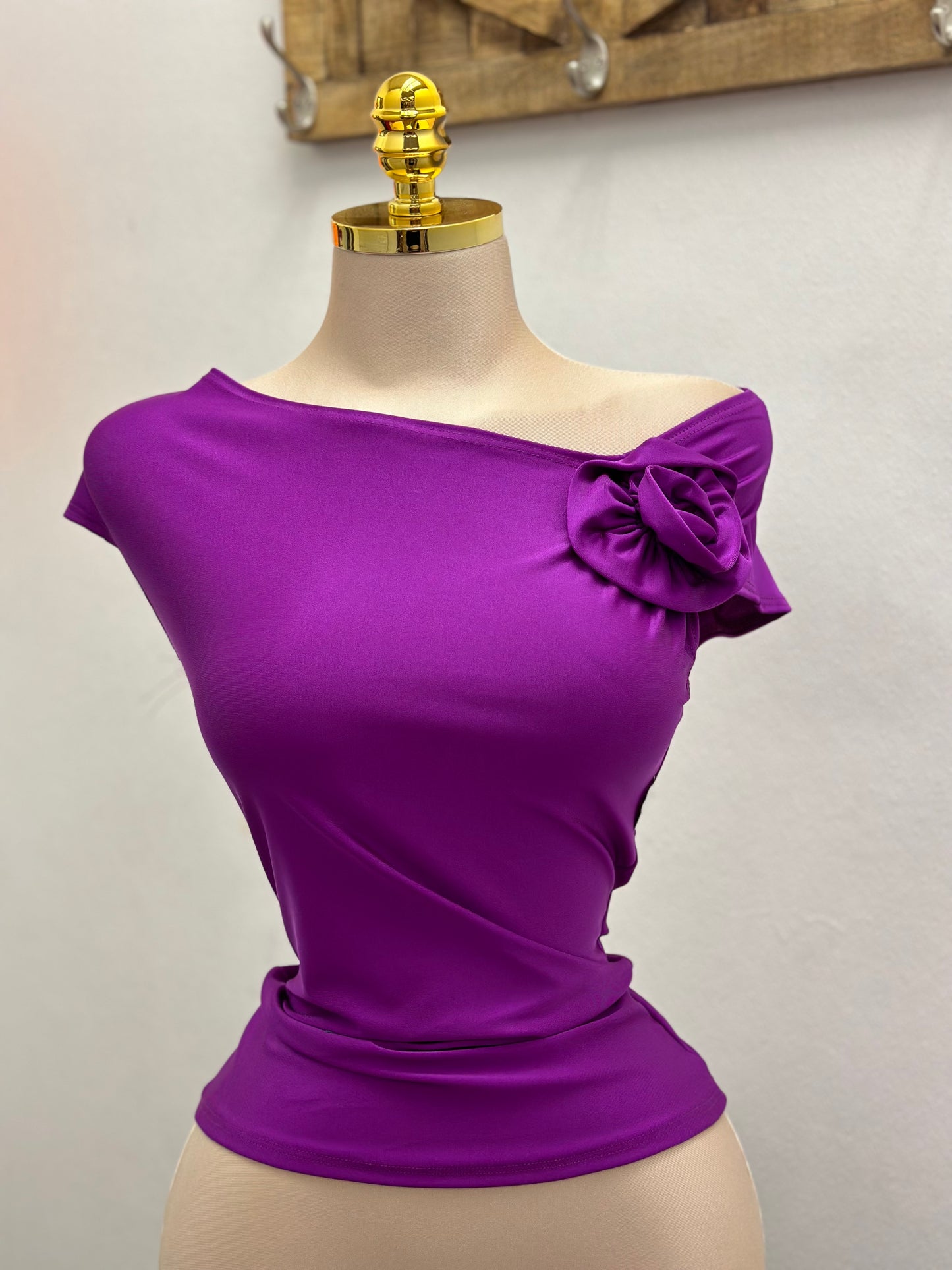 Magenta Asymmetrical Flower Detail Blouse- Stretchy, Estira