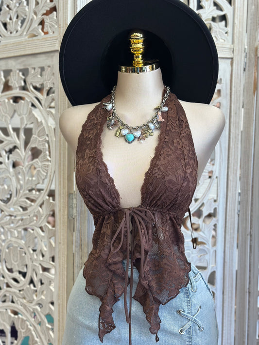 Brown Split Lace Blouse - Estira Poco, Slightly Stretchy