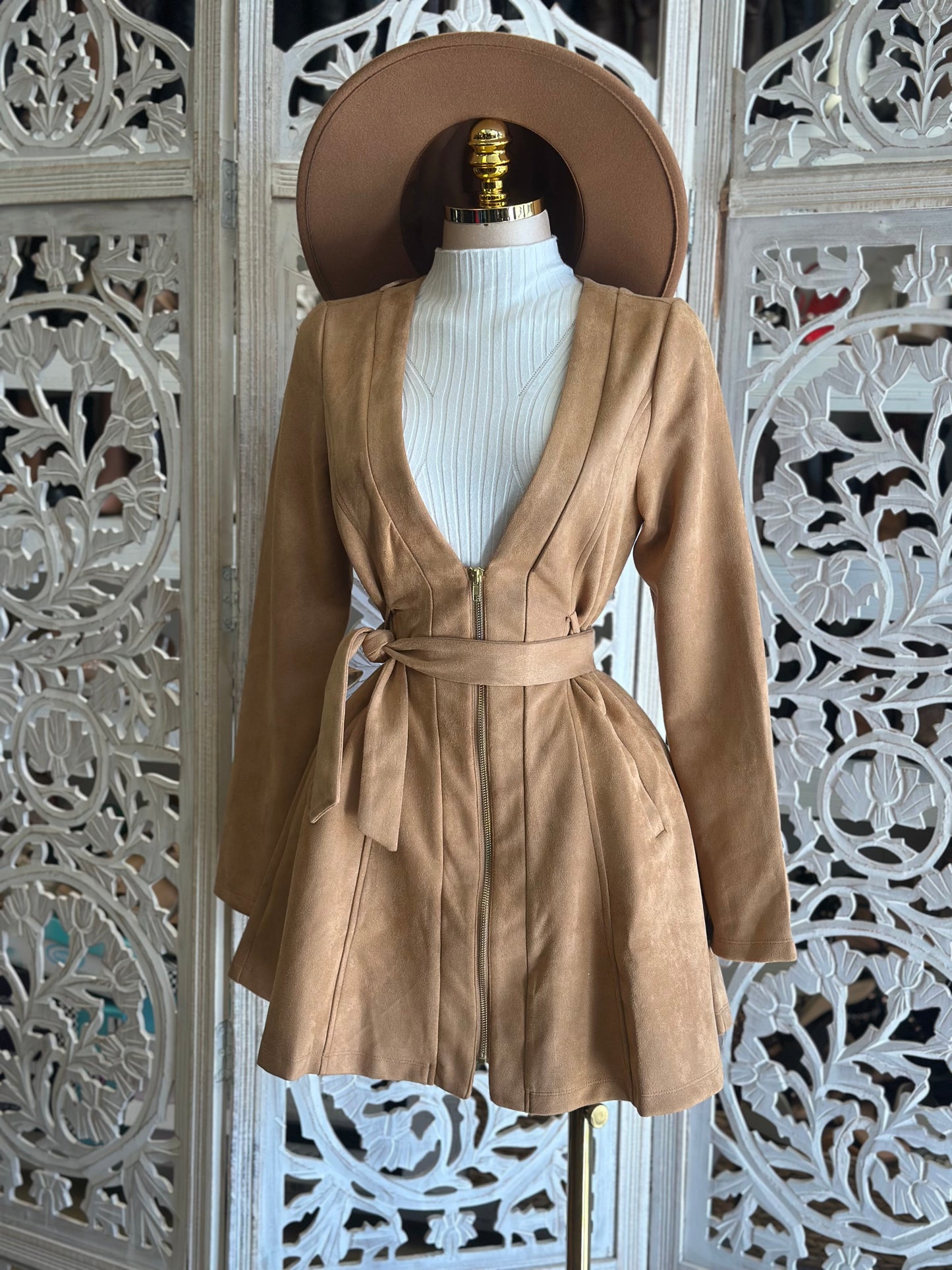 Light Brown Gold Zip Suede Coat
