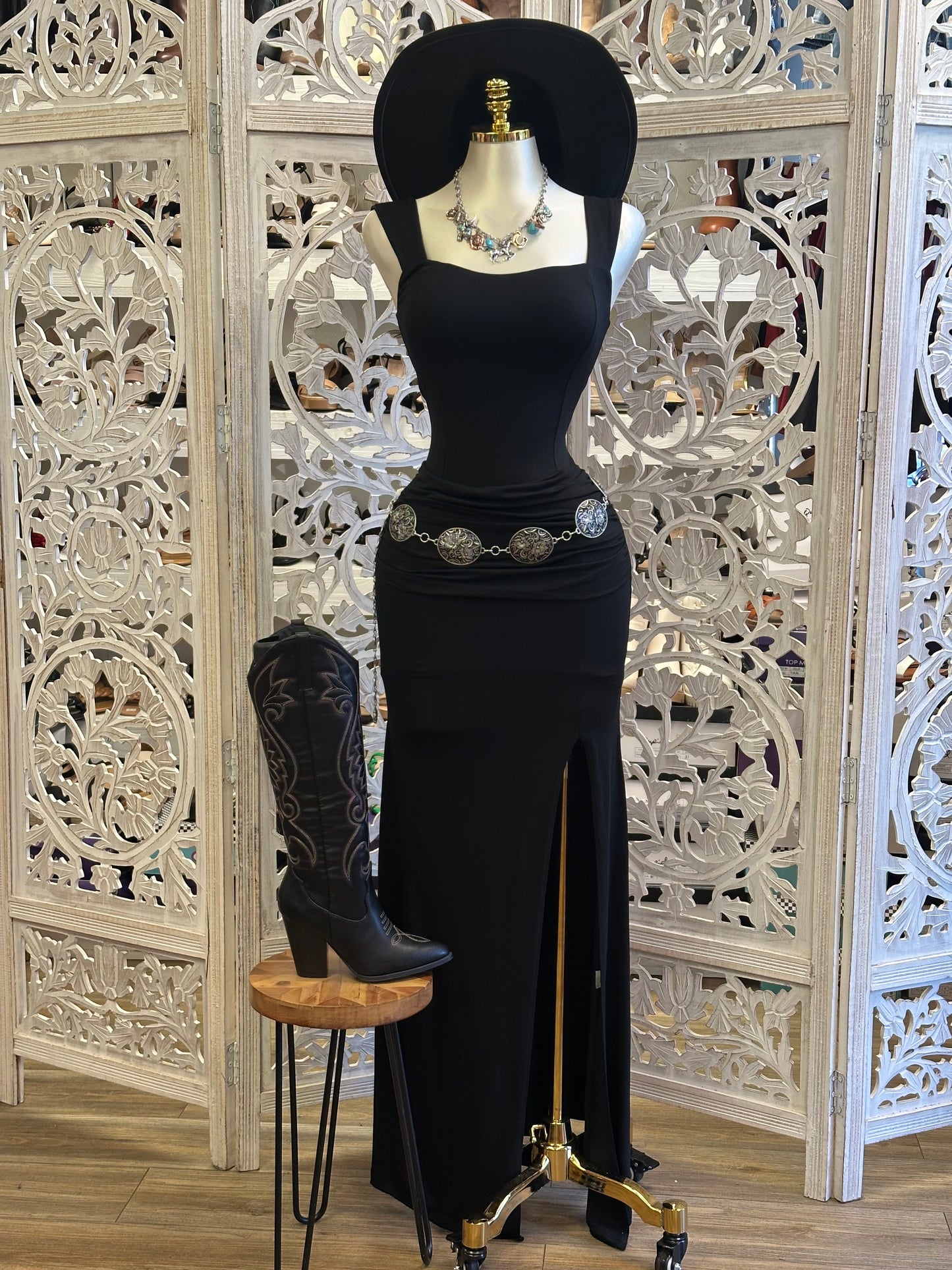 Black Square Neck Slit Dress- Estira, Stretchy