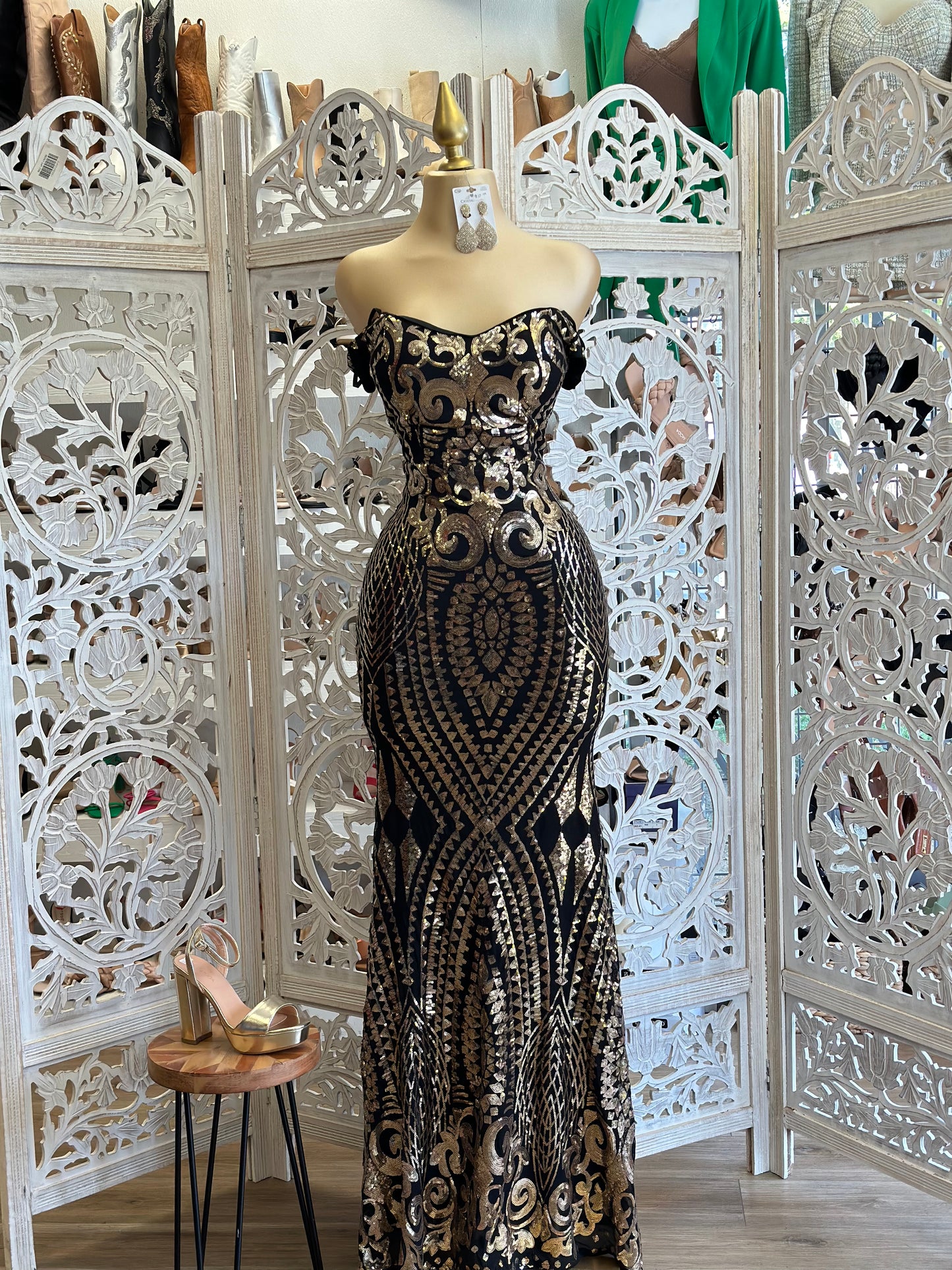 Gold and Black Sequin Design Gown