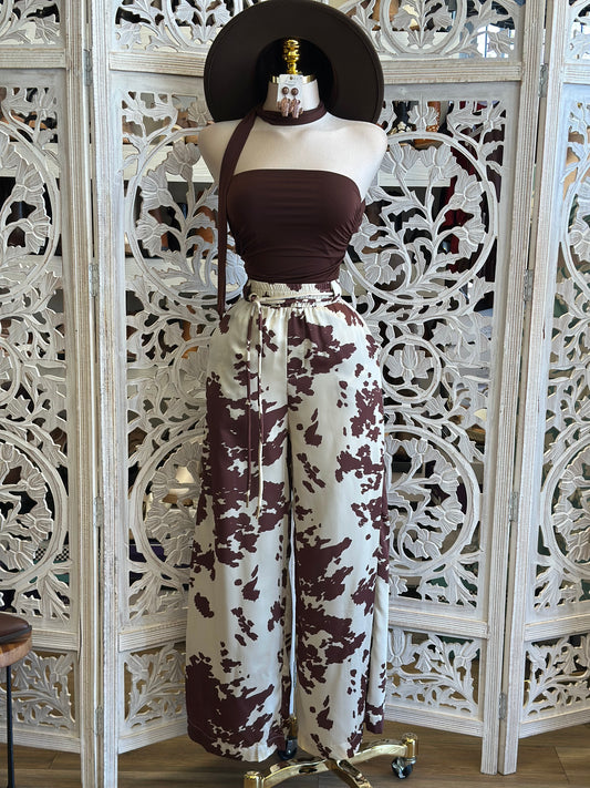 Satin Cow Print wide Leg Pants-  Not Stretchy ,  No Estira