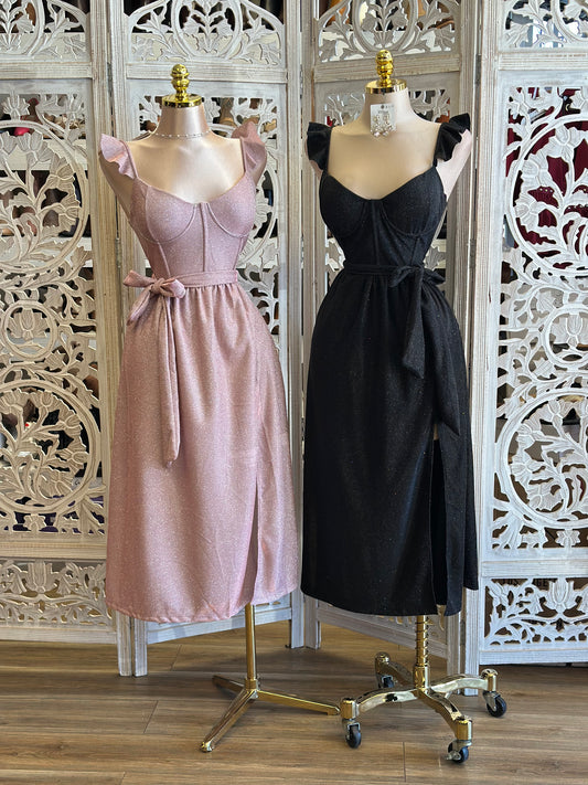 Shimmery Corset Lined Midi Dress-Stretchy, Estira