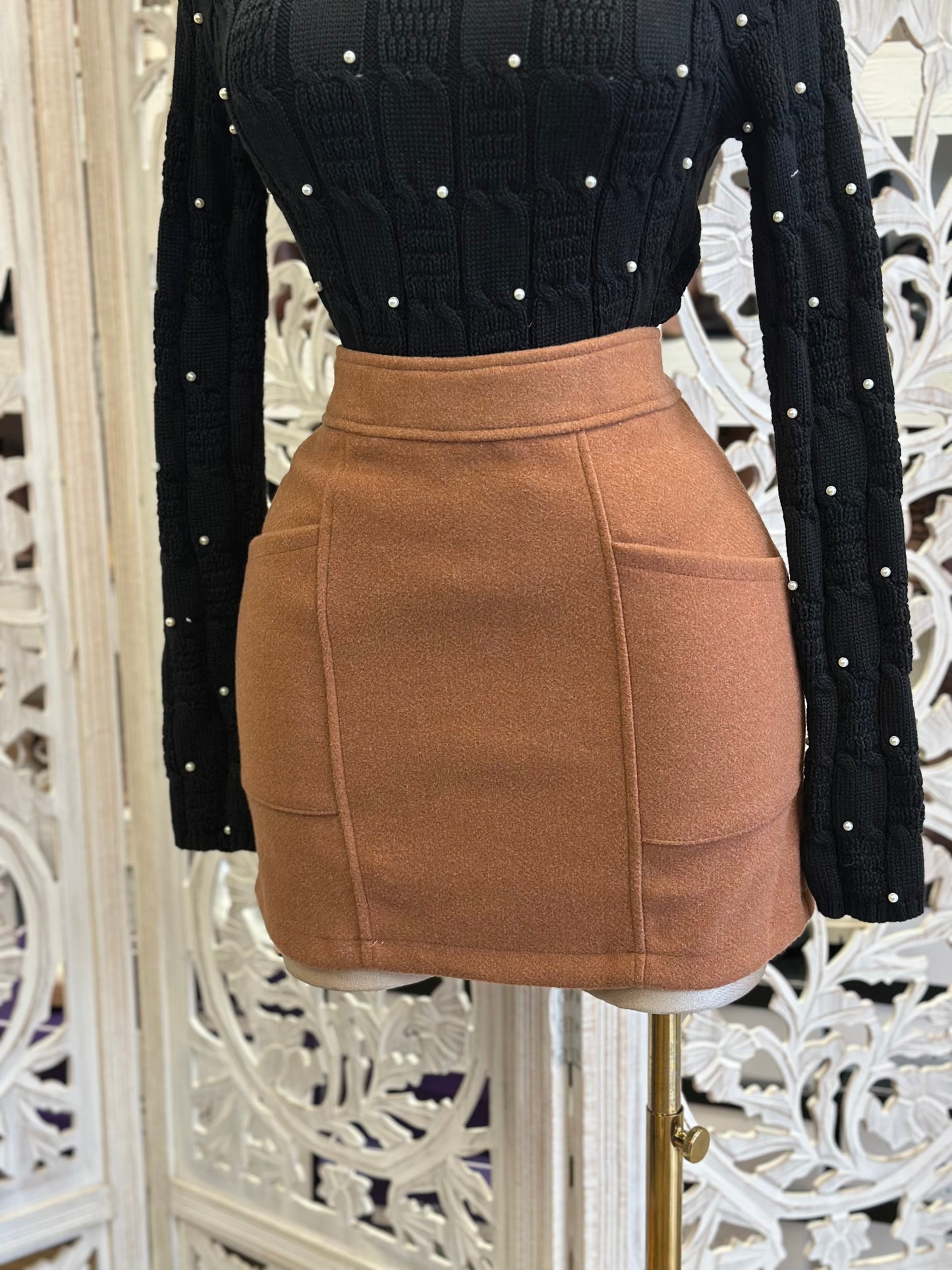 Brown Pocketed Mini Skirt-  Stretchy , Estira