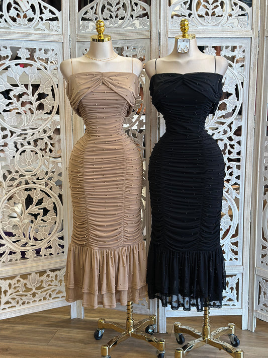 Ruched Embellished Midi Dress- Stretchy, Estira