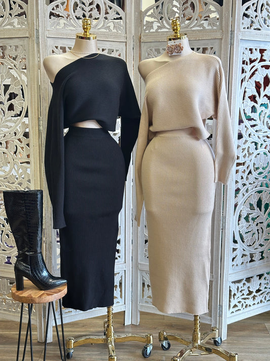 Ribbed Draped Shoulder Sweater  Set- Stretchy,Estira