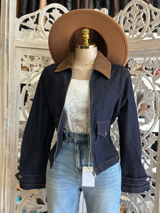 Corduroy Neck Denim Cropped Jacket