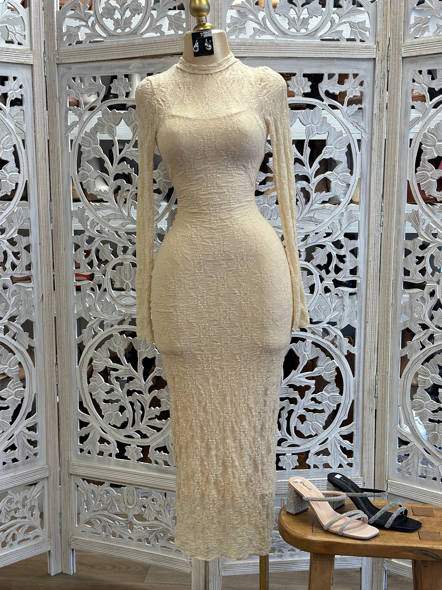 Beige Lace Maxi Dress Stretchy