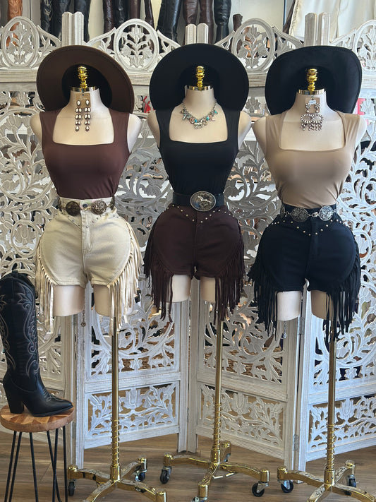 Studded Fringe Denim Shorts - Stretchy, Estira