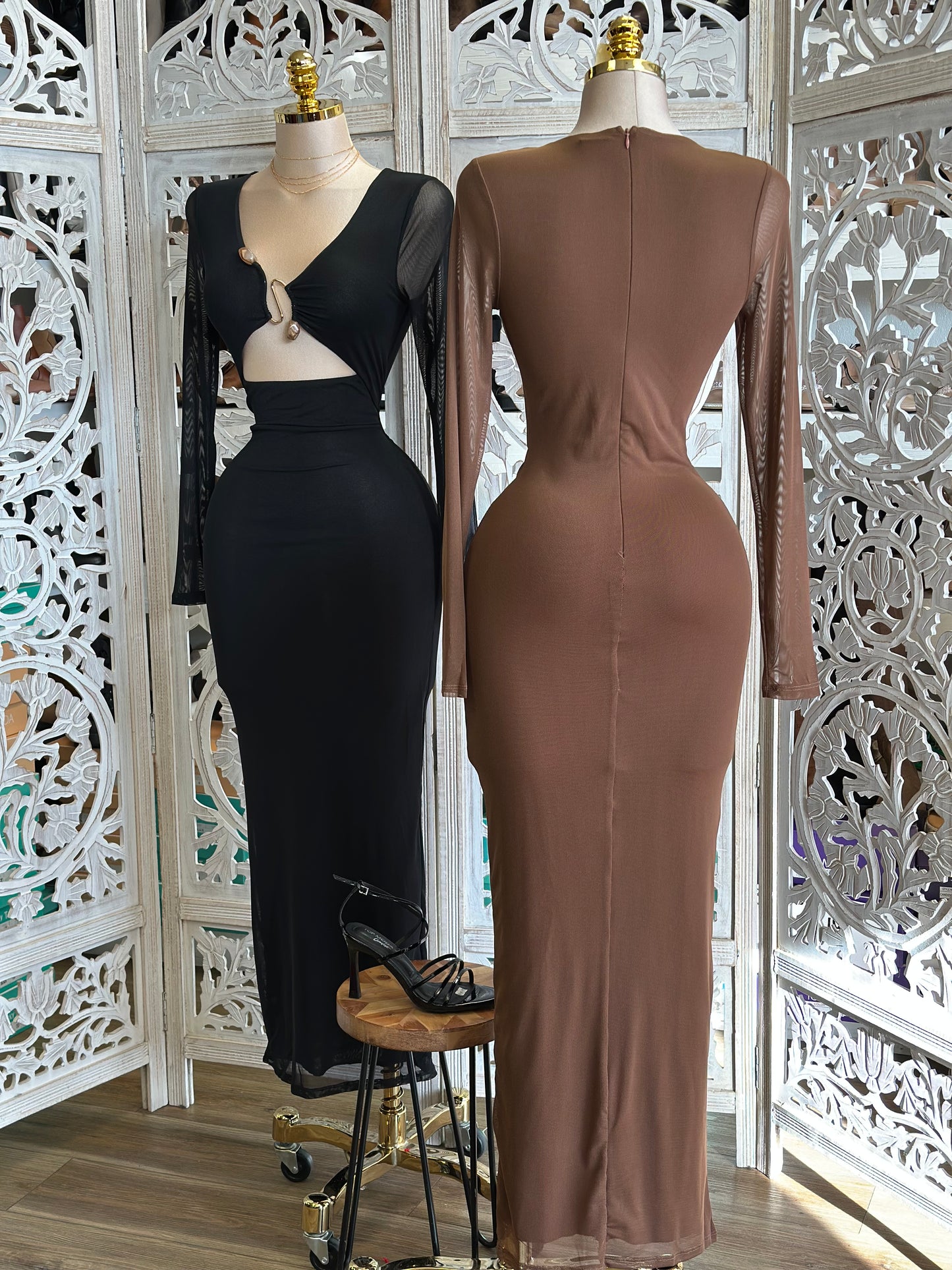 Stone Design Coutout Mesh Midi Dress- Stretchy,Estira