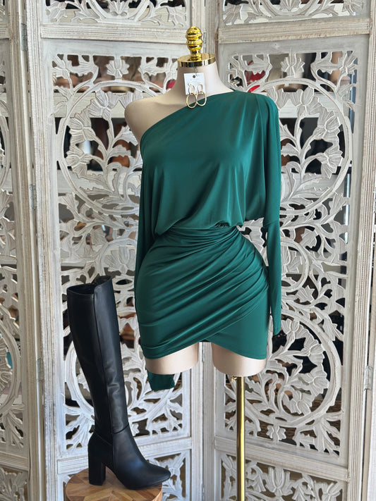 Green Asymmetrical Off Shoulder Mini Dress- Stretchy,Estira
