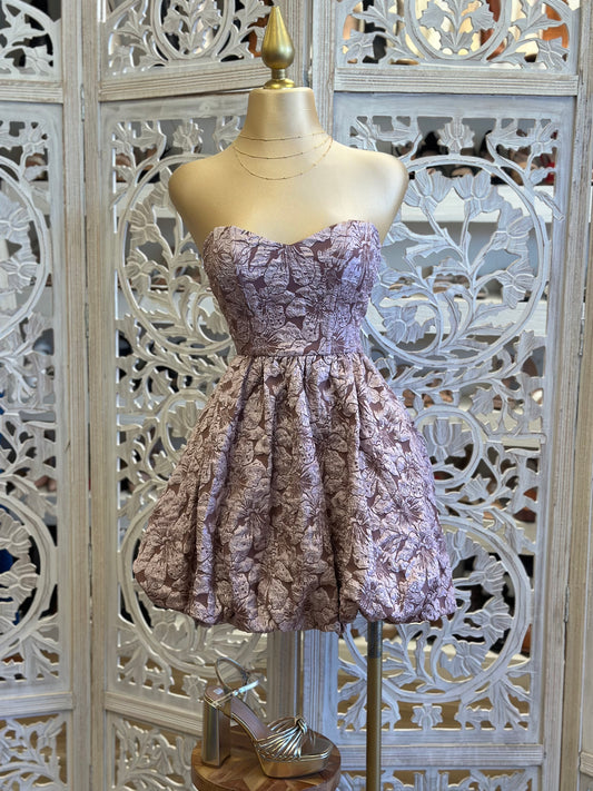 Strapless Floral Pattern Mini Puff Dress- Not Stretchy