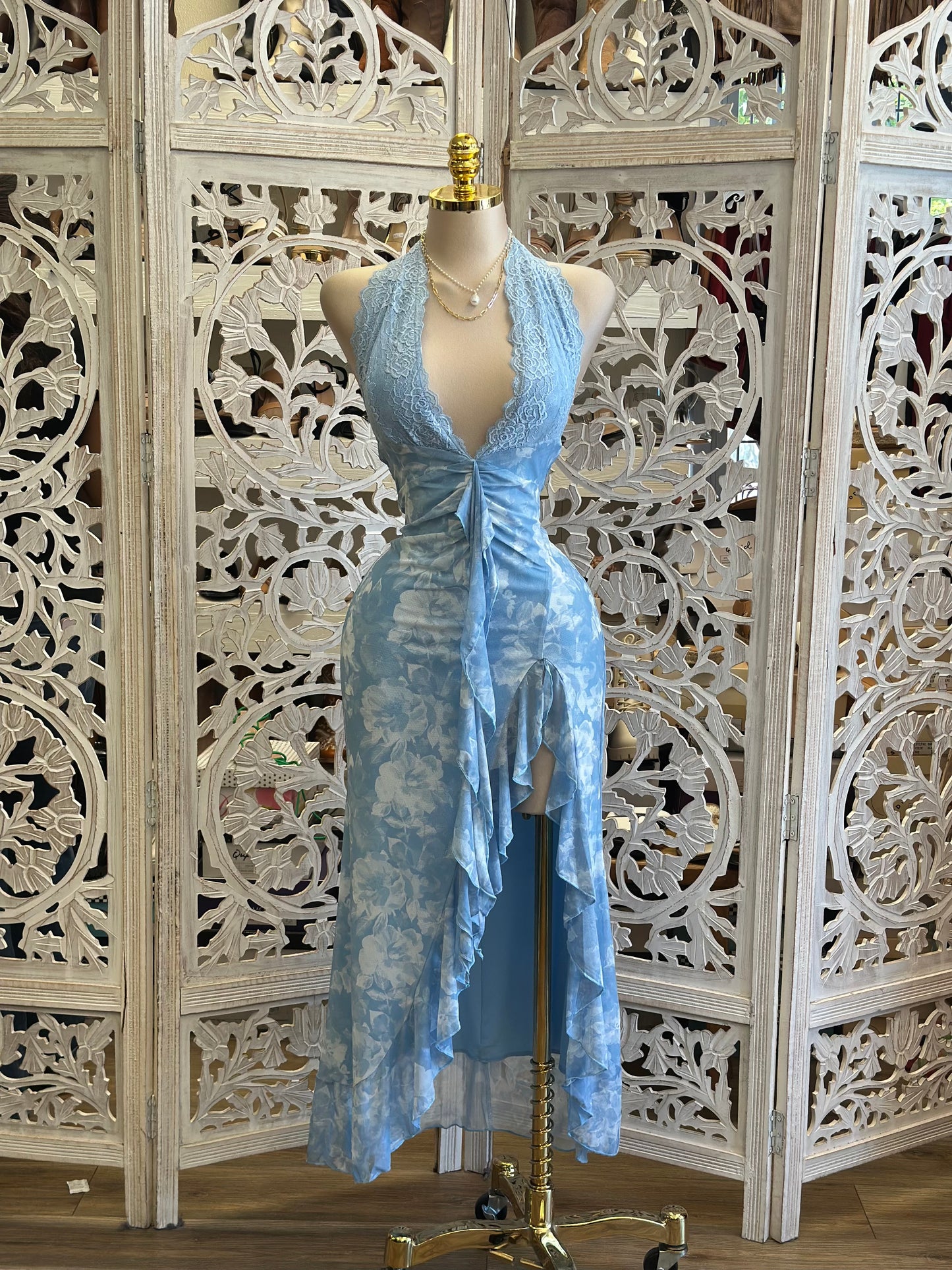 Light Blue Lace Lined Floral Midi Dress -Stretchy, Estira