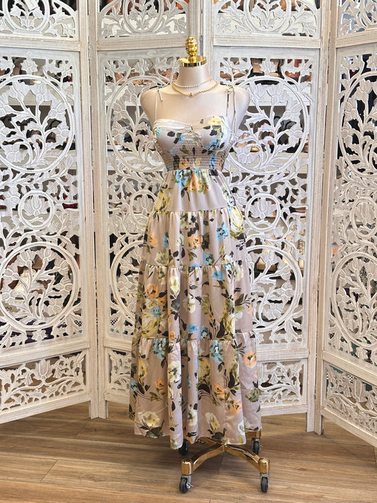 Beige Floral Ribbon Strap Dress- Slightly Stretchy, Estira Poco