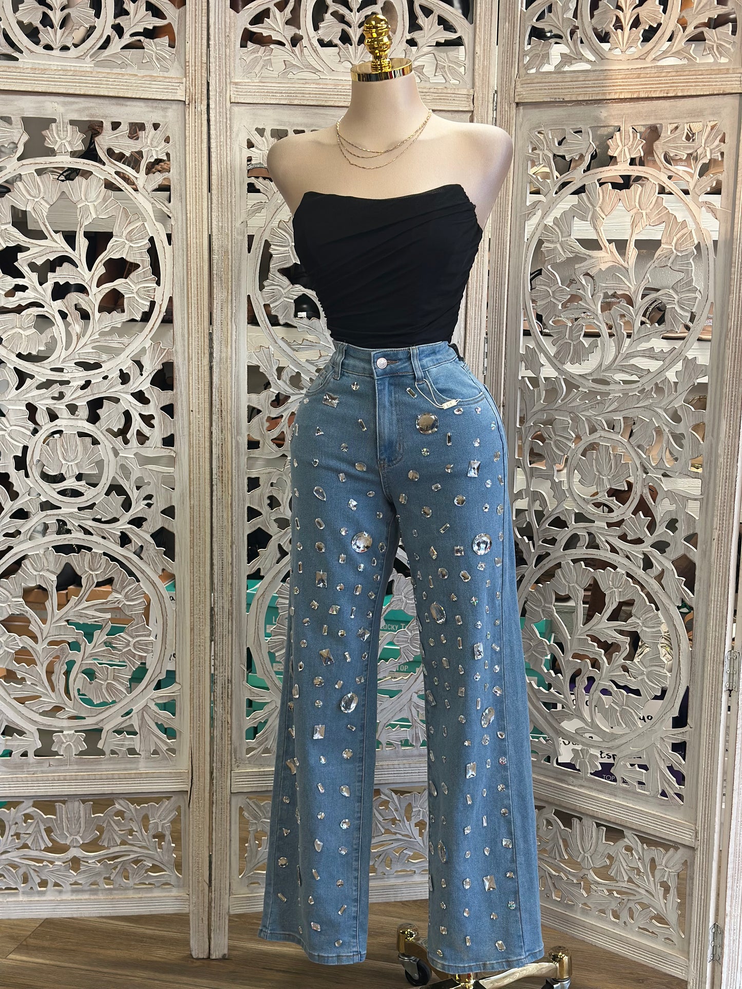 Enlarged Rhinestone Denim Wide Leg Jeans - Stretchy, Estira