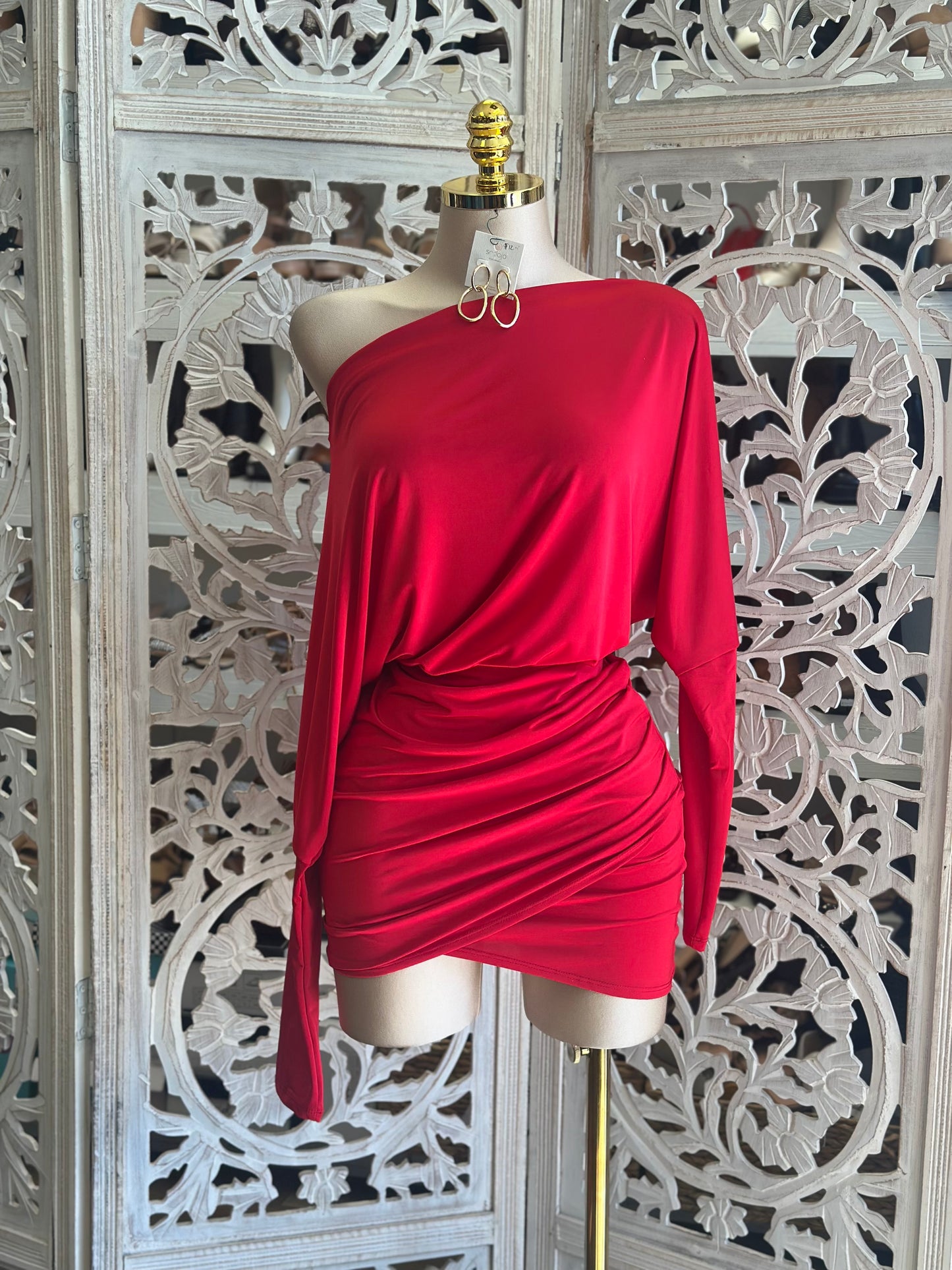 Red Asymmetrical Off Shoulder Mini Dress- Stretchy,Estira