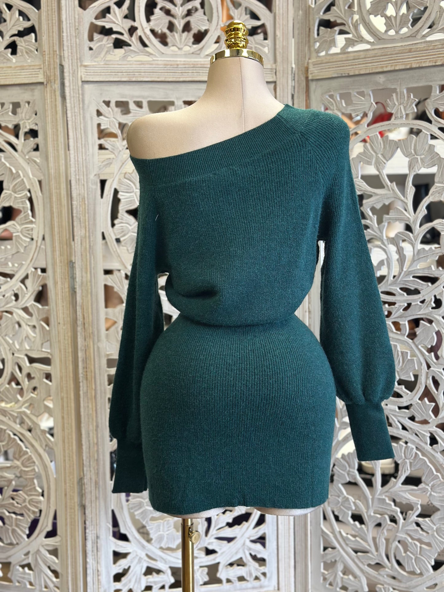 Draped Shoulder Deep Green Dress- Stretchy,Estira