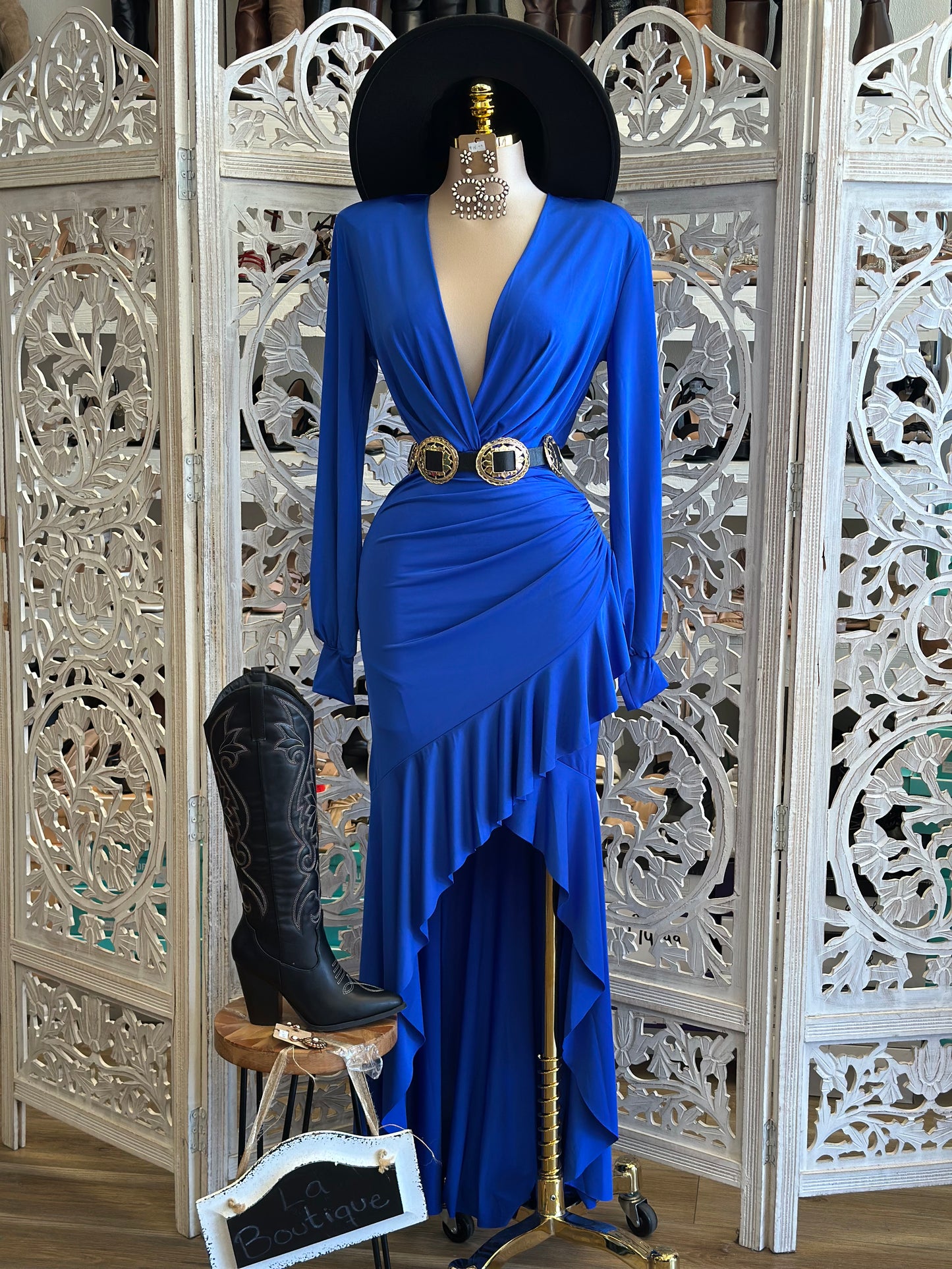 Royal Blue Asymmetrical Ruffle Dress-Estira, Stretchy