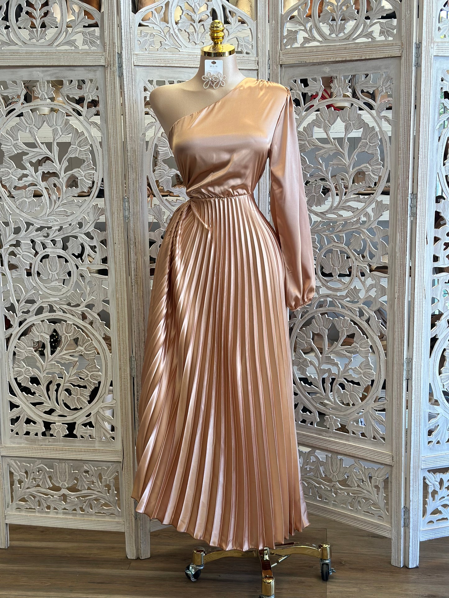 Pleated One Sleeve Maxi Dress- Stretchy, Estira