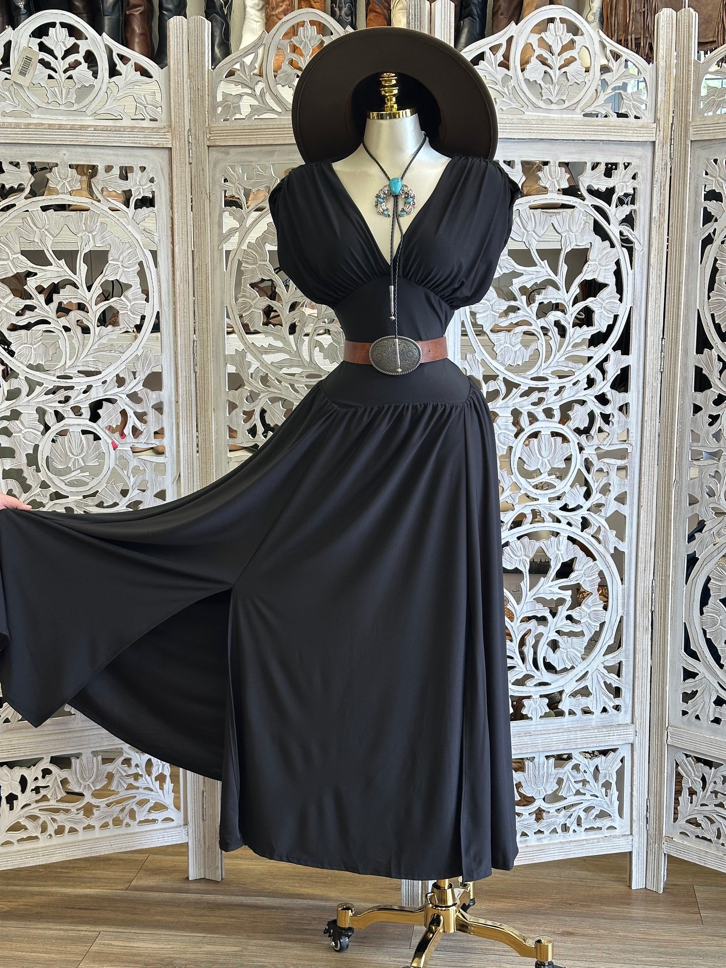 Midnight Wanderer Ruched Western Maxi Dress- Stretchy, Estira
