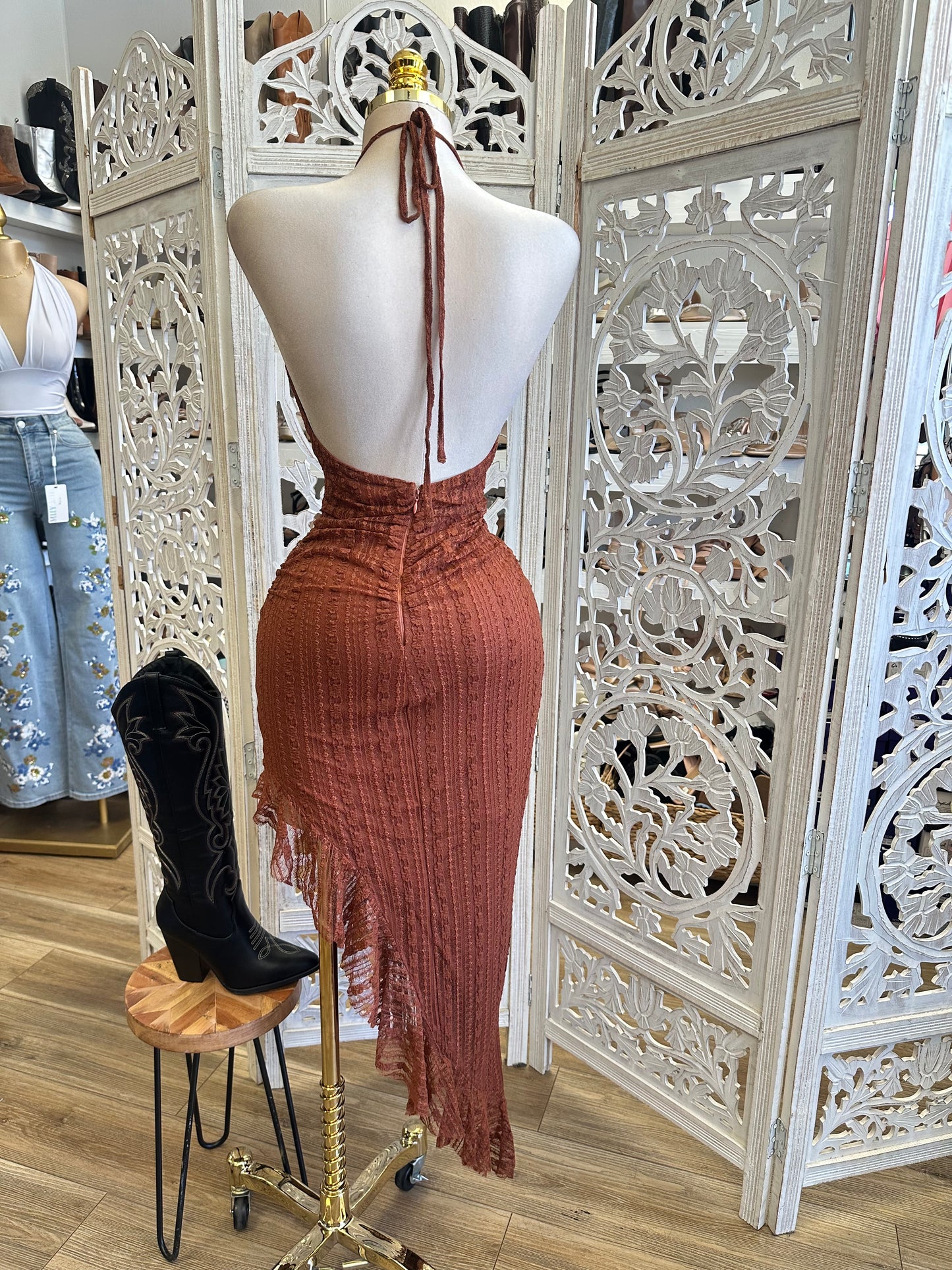 Rusty Brown Full Lace Midi Dress-Estira, Stretchy