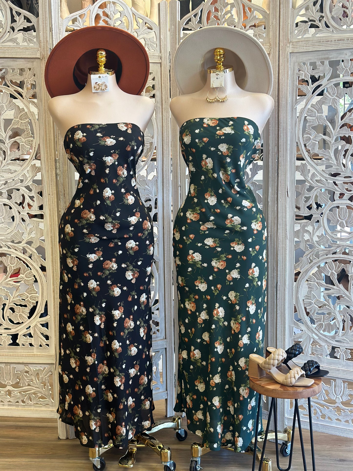 Strapless Flower Pattern Maxi Dress- No Estira, Not Stretchy