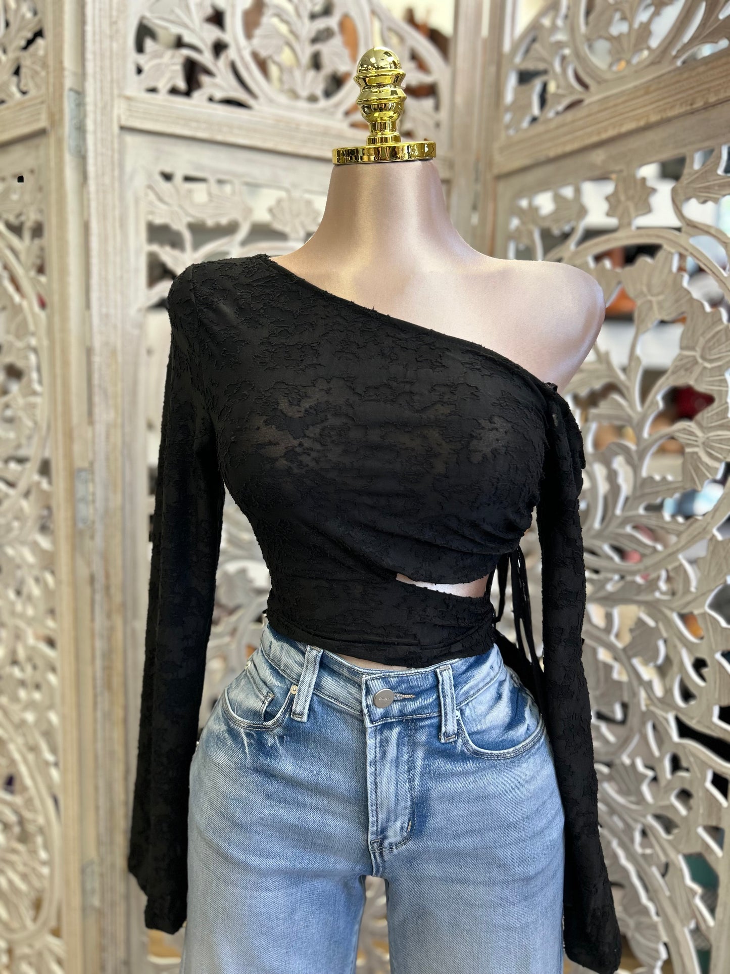 One Sleeve Cutout Top- Estira, Stretchy