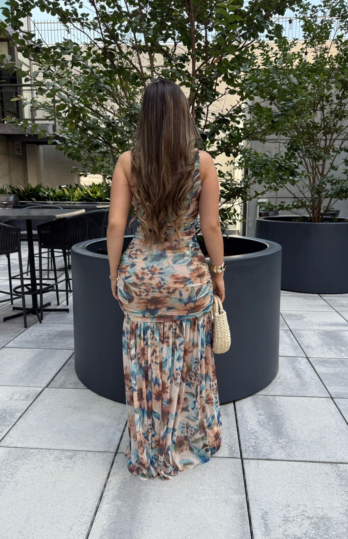 Earthy Floral One Sleeve Dress-Estira, Stretchy