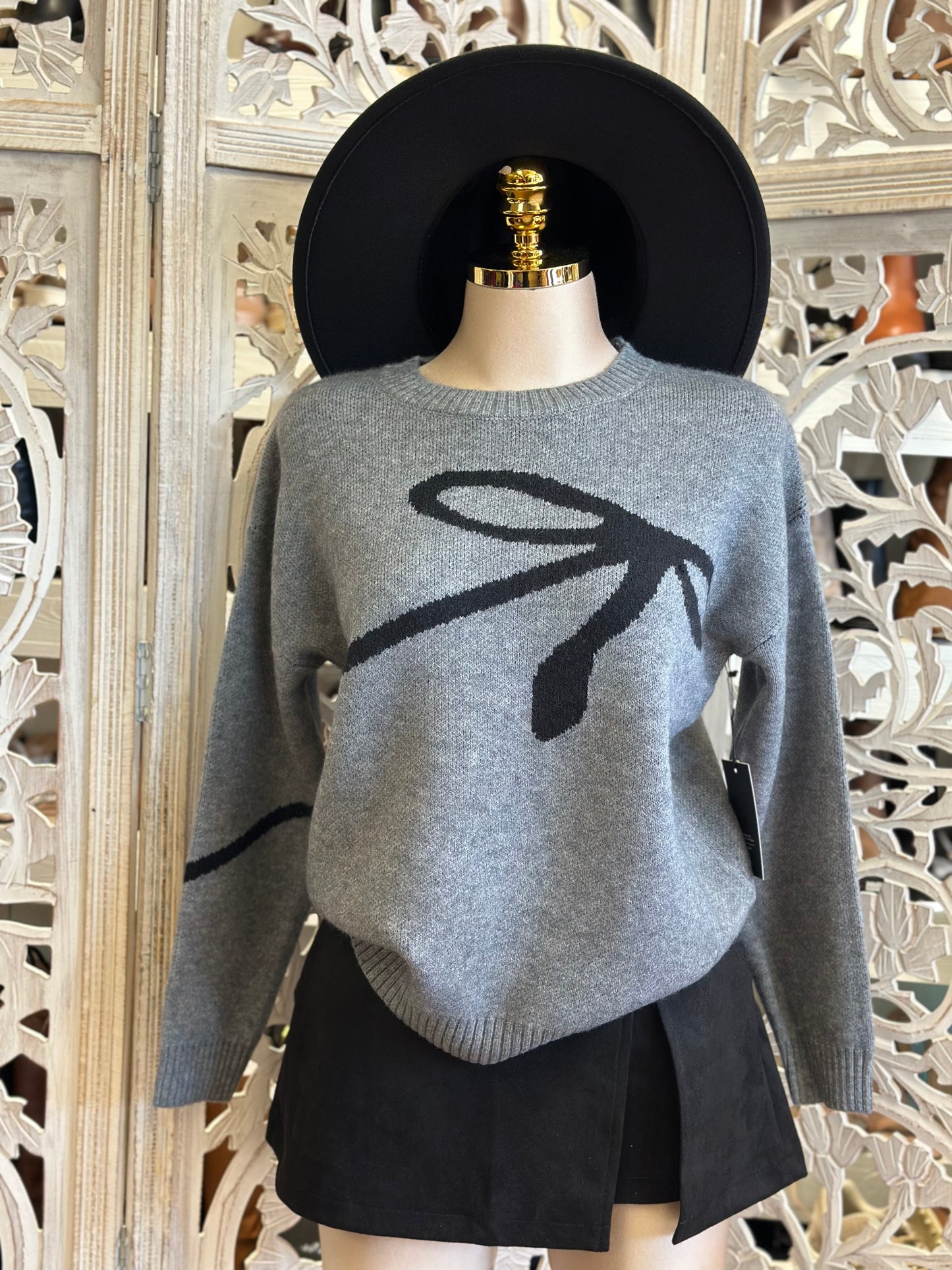 Gray Bow Detailed Sweater
