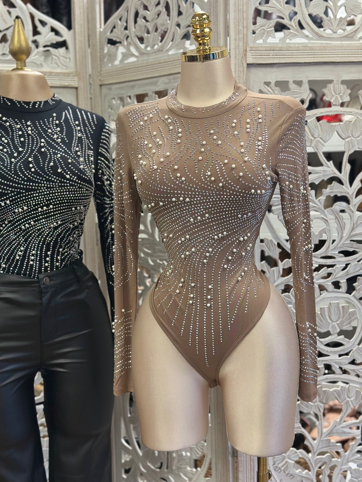 Embellished Mesh Bodysuit- Estira, Stretchy