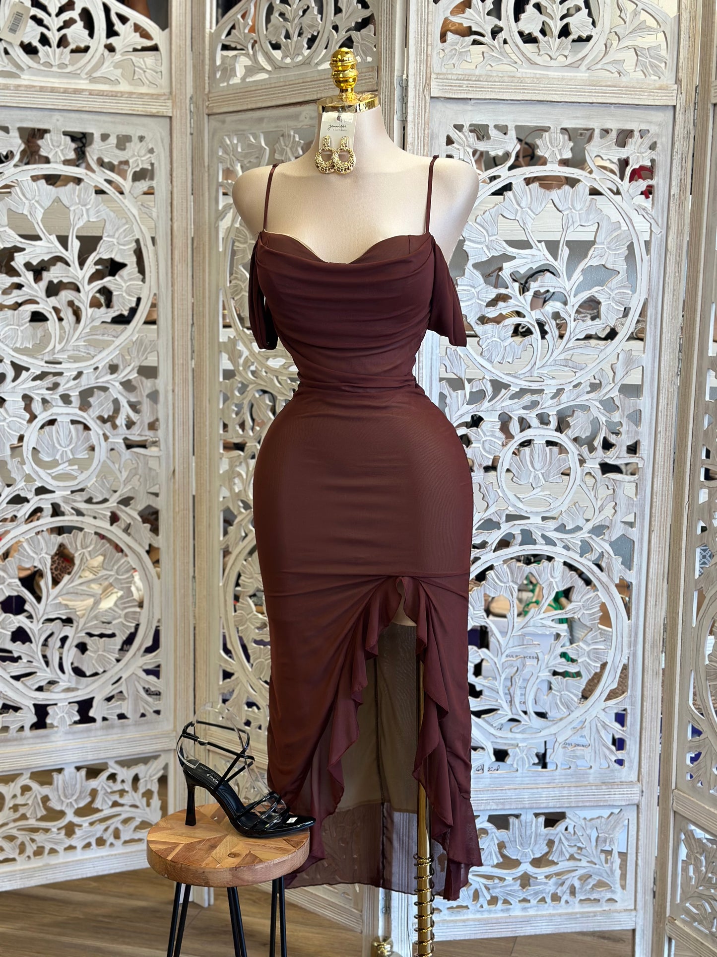 Brown Mesh Off Shoulder Ruffled Midi Dress - Estira, Stretchy