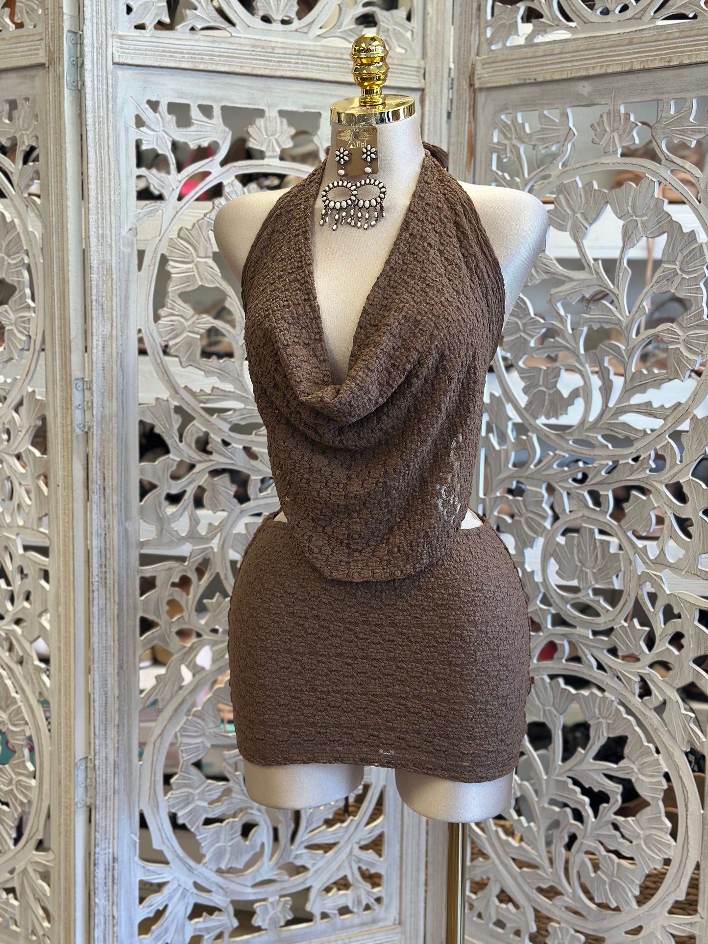 Brown Lace Cowl Neck Mini Dress-Estira, Stretchy