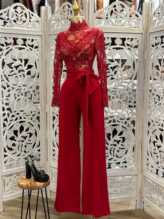 Red Lace High Neck Jumpsuit