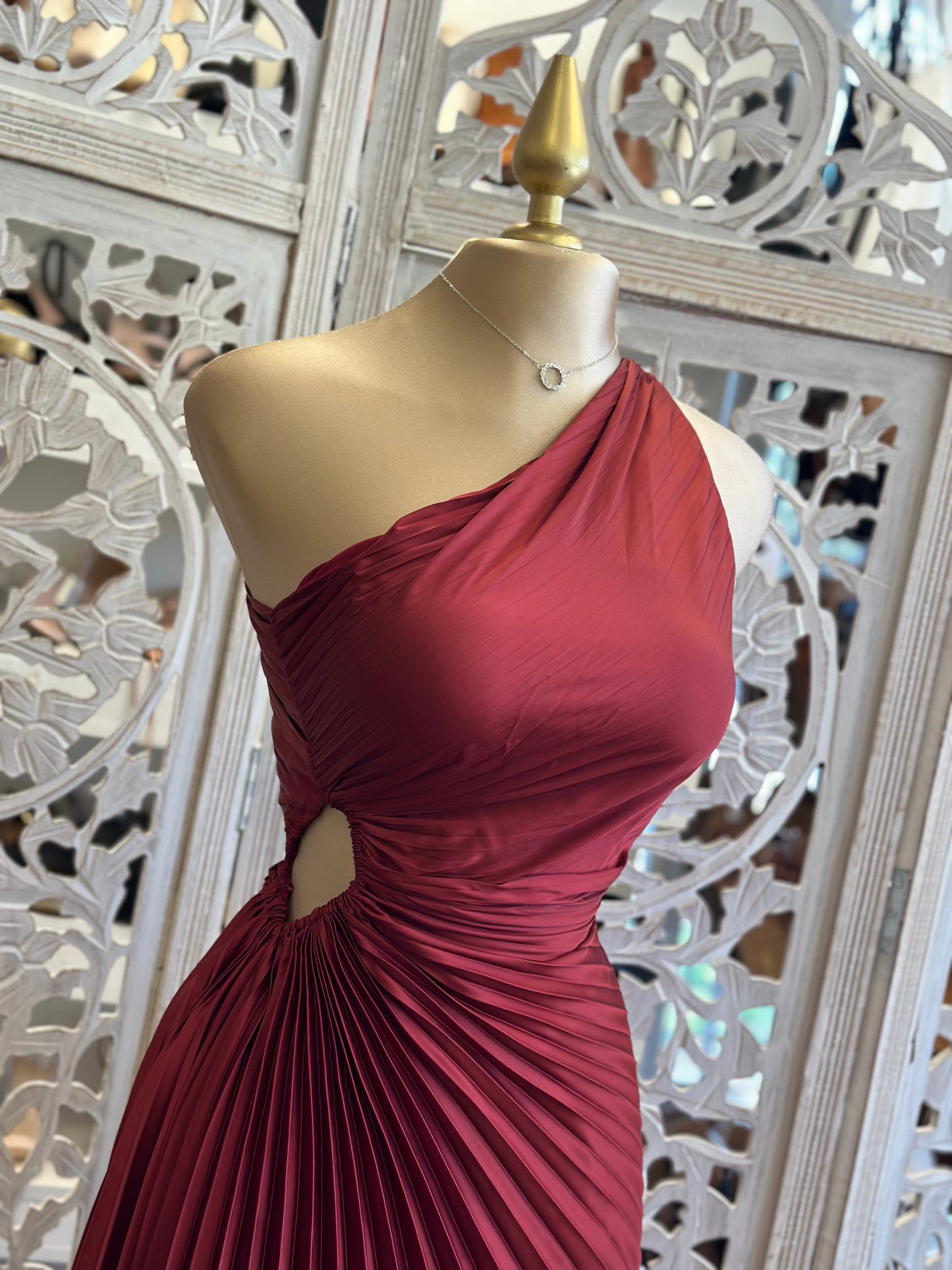 Burgundy Pleated One Sleeve Cutout Dress - No Estira, Not Stretchy