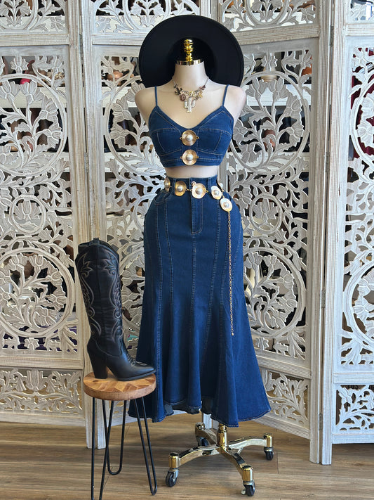 Jean Skirt Gold Pearl Set- Estira Poco , Slightly Stretchy