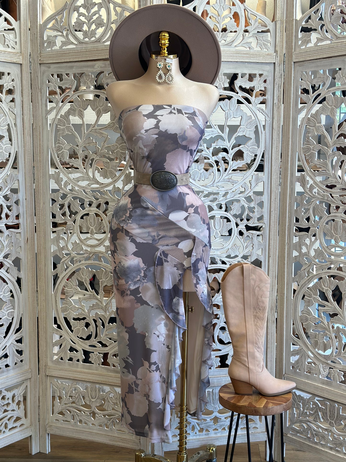 Purple Patterned Strapless Ruffled Dress- Stretchy, Estira