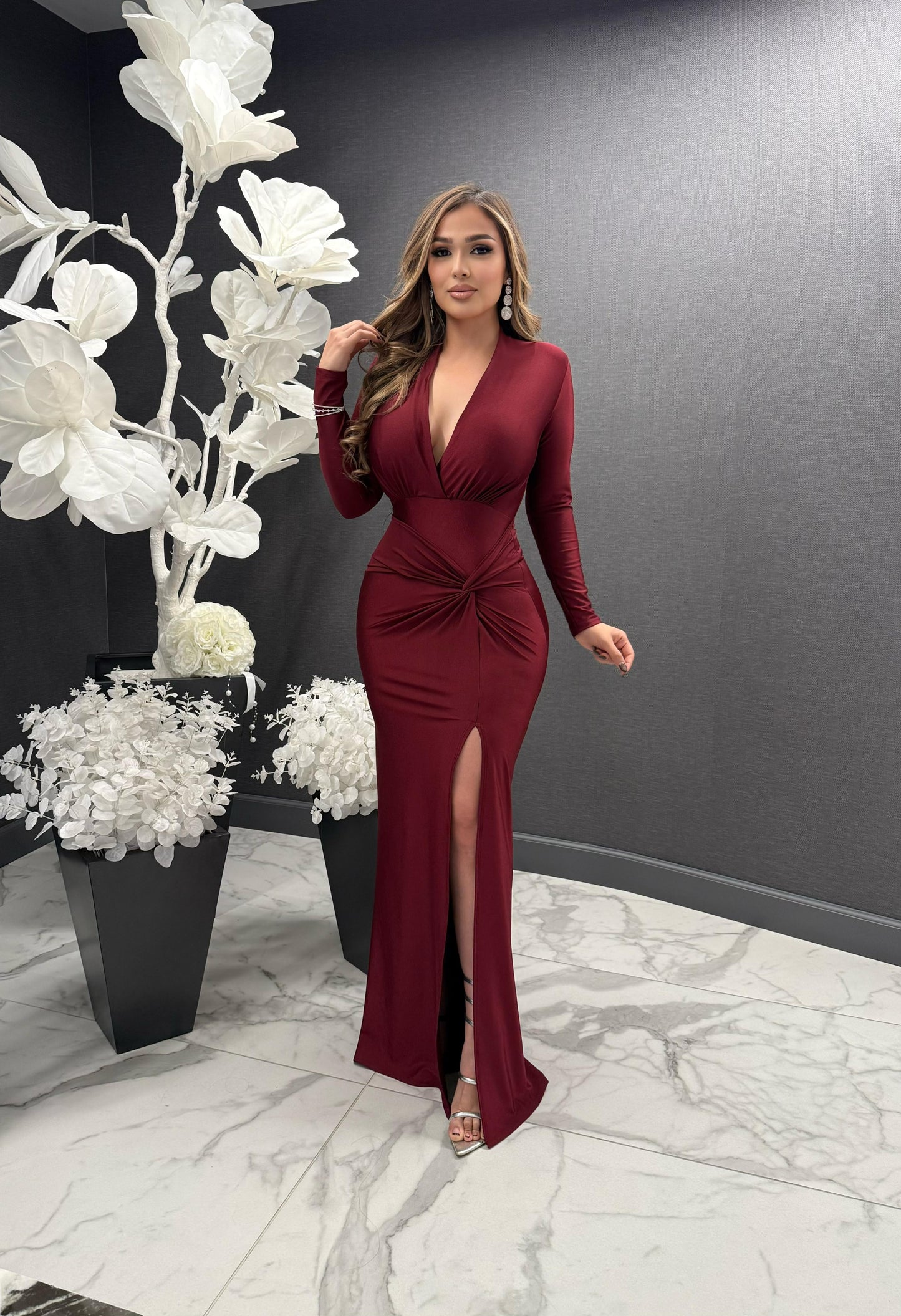 Wine Mid Slit Knotted Gown-Stretchy,Estira