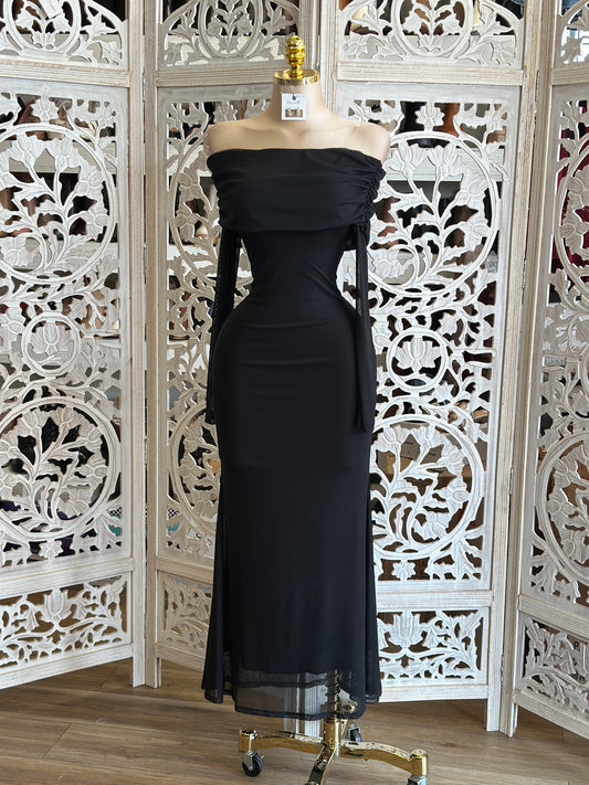 Black Off Shoulder Midi Dress- Stretchy, Estira