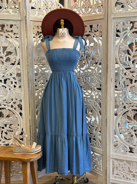 Smocked Denim Maxi Dress- Estira, Stretchy