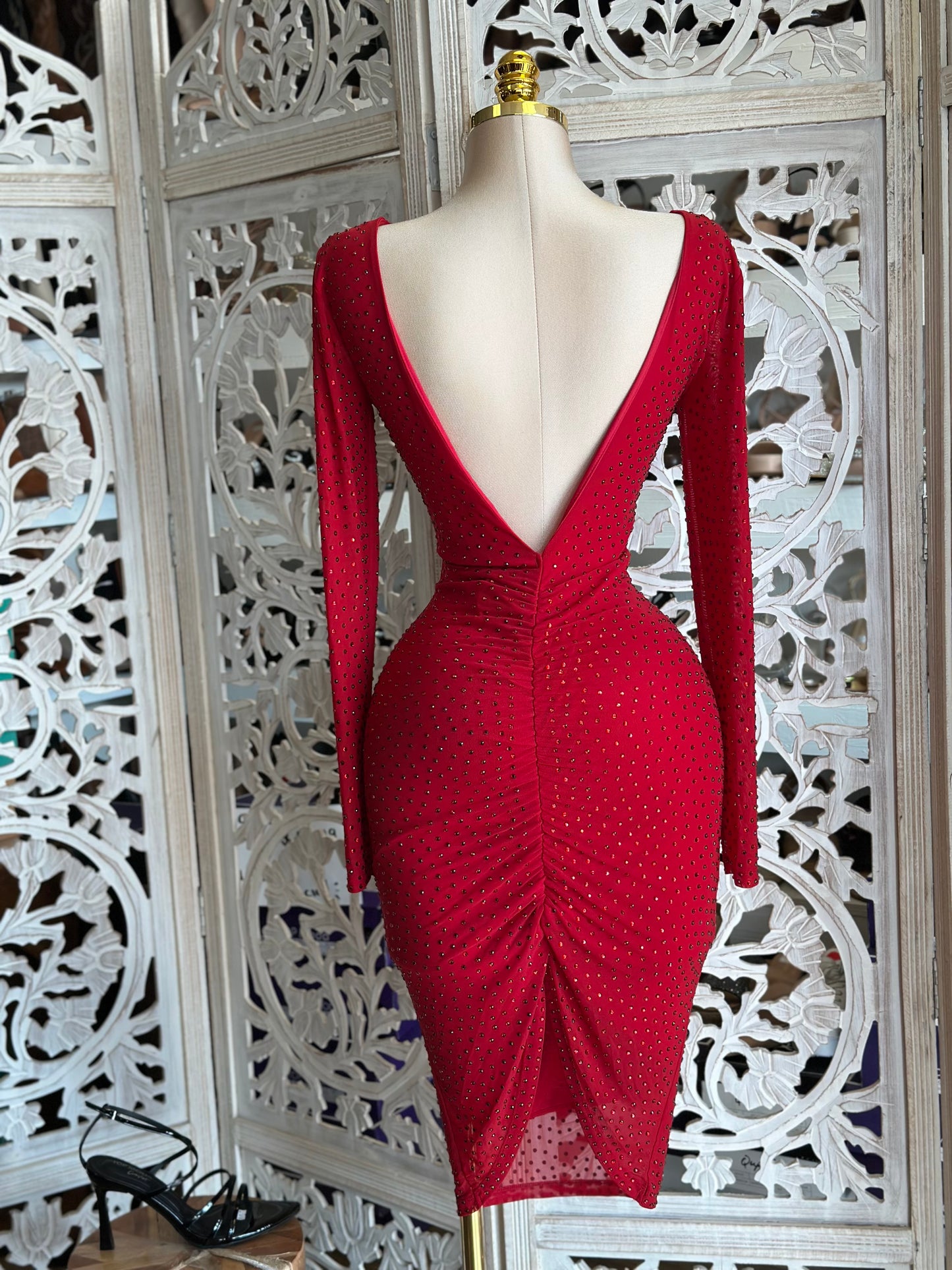 Bright Red Rhinestone Boat Neck Dress- Stretchy,Estira