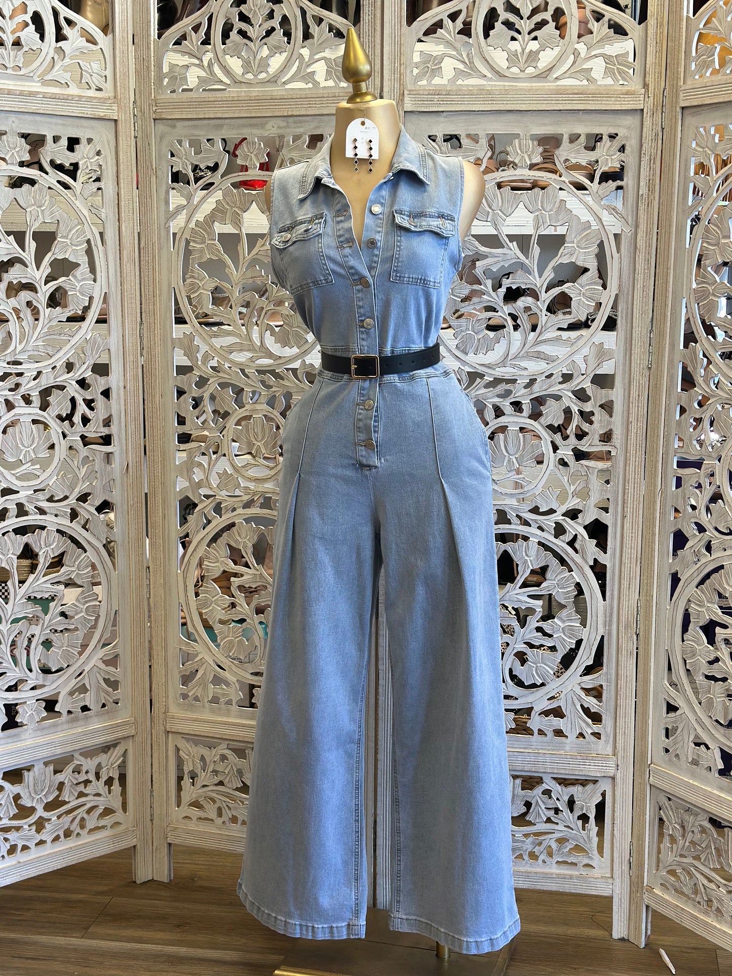 Wide Leg Light Denim Jumpsuit-Estira Poco , Slightly Stretchy